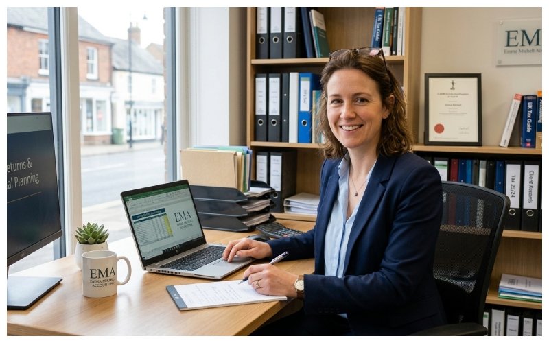 Professional accountant working at her office desk, reviewing financial documents and records in a modern accounting workspace.