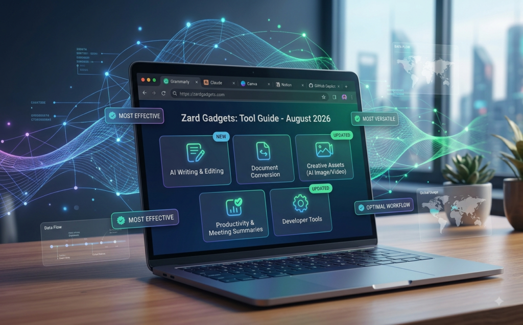 Laptop displaying a latest online tool guide featuring AI writing, document conversion, creative, productivity, and developer tools.