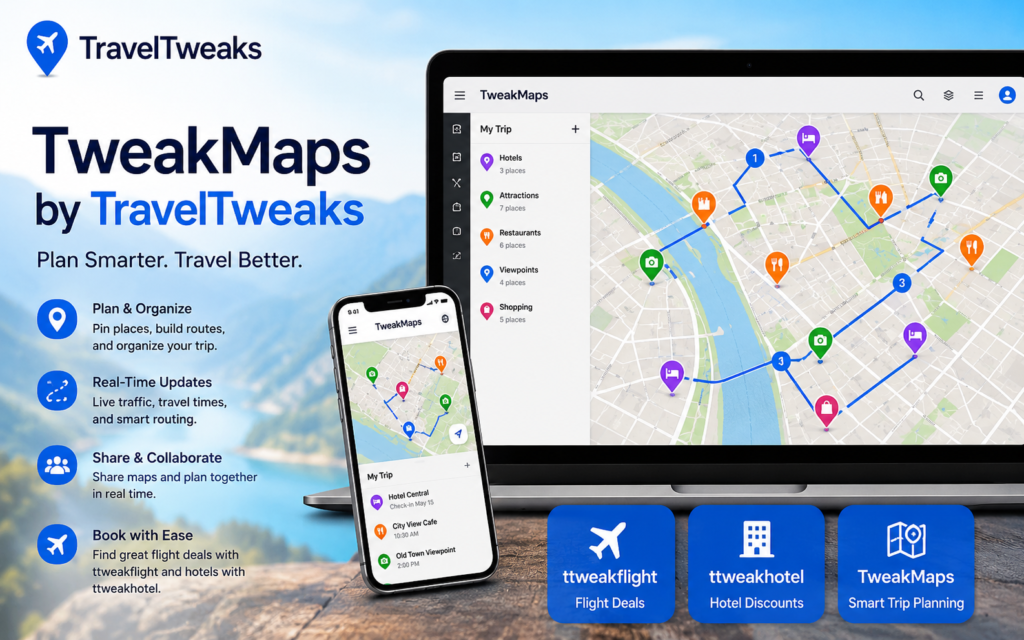TweakMaps by TravelTweaks travel planning map with routes, locations, flight and hotel booking tools