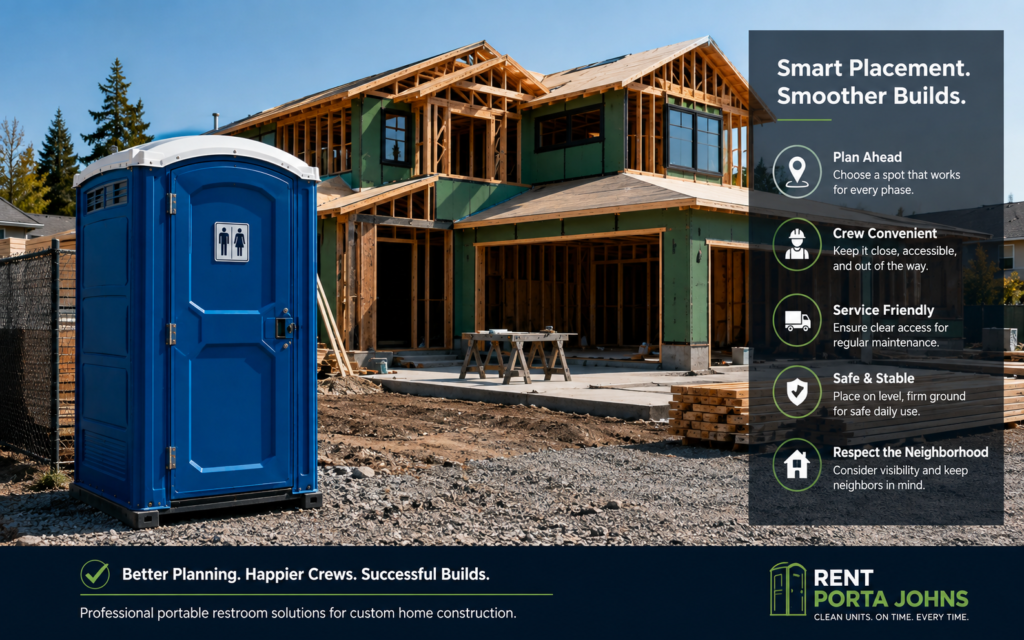 Portable restroom at a custom home construction site with smart placement planning tips.